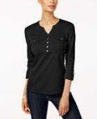 Karen Scott Petite Cotton Utility Henley Top, Created For Macy's