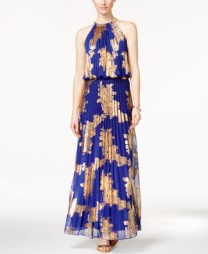 Msk Metallic-print Pleated Blouson Gown
