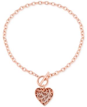 Guess Rose Gold-tone Pave Heart Toggle Pendant Necklace