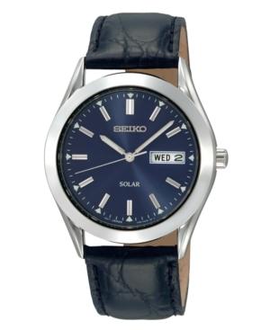 Seiko Watch, Men's Solar Blue Dial Black Leather Strap 37mm Sne049