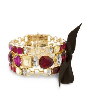 Catherine Malandrino Women's Red, Hot Pink And Metallic Rhinestone 3-row Black Ribbon Yellow Gold-tone Trio Link Bracelet