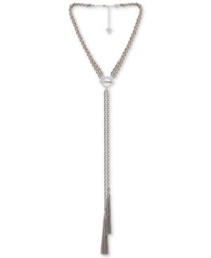 Guess Silver-tone Crystal & Woven Faux Suede Chain Tassel Lariat Necklace, 18 + 2 Extender