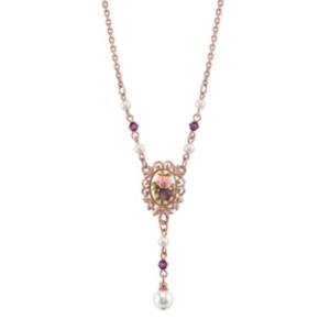 2028 Rose Gold-tone Simulated Pearl Purple Crystal Flower Y-necklace 16 Adjustable