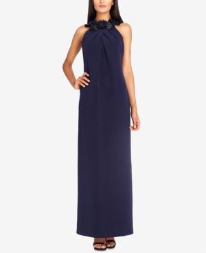 Tahari Asl Floral-embellished Crepe Column Gown