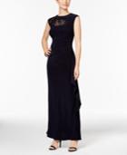 R & M Richards Sequined Lace-trim Ruched Gown