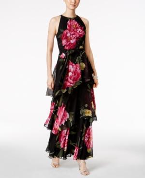 Tahari Asl Floral-print Tiered Gown