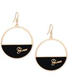 Guess Gold-tone Black Imitation Suede Logo Drop Hoop Earrings