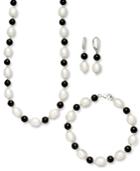 Sterling Silver Jewelry Set, Cultured Freshwater Pearl And Onyx Necklace, Earring And Bracelet Set