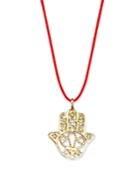 10k Gold Necklace, Filigree Hamsa Pendant On Red Nylon Cord