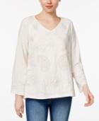 Style & Co Petite Bell-sleeve Embroidered Top, Only At Macy's