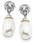 Sterling Silver Earrings, Cultured Freshwater Pearl (7mm X 10mm) And White Topaz (7-3/4 Ct. T.w.) Flower Drop Earrings