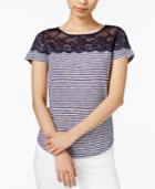 Maison Jules Striped Lace-yoke Top, Only At Macy's