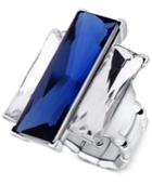 Guess Silver-tone Blue And Clear Rectangle Stone Stretch Ring
