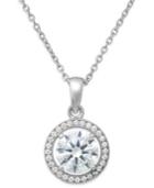 Cubic Zirconia Halo Pendant Necklace In Sterling Silver