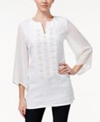 Jm Collection Chiffon-sleeve Embroidered Linen Tunic, Only At Macy's