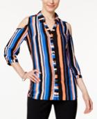 Ny Collection Petite Striped Cold-shoulder Blouse