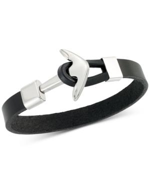 Legacy For Men By Simone I. Smith Anchor Clasp Black Leather Bracelet In Stainless Steel
