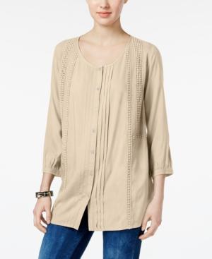 Jm Collection Pleated Crochet-trim Blouse, Only At Macy's