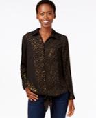 Ny Collection Petite Foil-print Tie-front Blouse