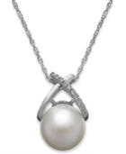Cultured Freshwater Pearl (9mm) And Diamond Accent Cross Pendant Necklace In 14k White Gold