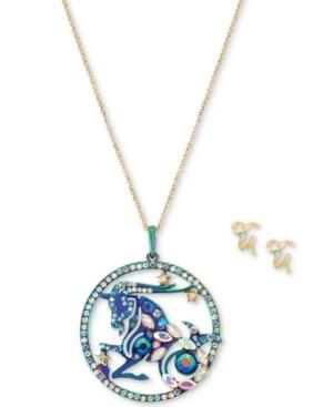 Betsey Johnson Two-tone Multi-stone Capricorn Zodiac Pendant Necklace & Stud Earrings