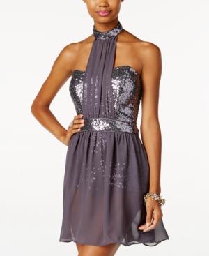 B Darlin Juniors' Sequined Halter Romper With Sheer Skirt