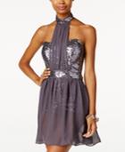 B Darlin Juniors' Sequined Halter Romper With Sheer Skirt