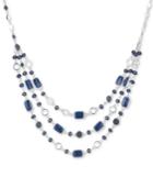 Nine West Silver-tone Blue Stone & Bead Multi-row Necklace