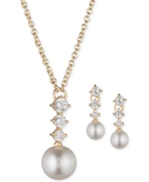 Anne Klein Gold-tone Imitation Pearl Cubic Zirconia Pendant Necklace And Drop Earrings