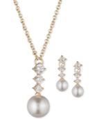 Anne Klein Gold-tone Imitation Pearl Cubic Zirconia Pendant Necklace And Drop Earrings