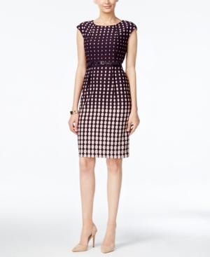 Connected Dot-print Belted Sheath Dress