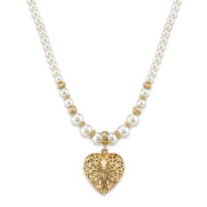 2028 Gold-tone Simulated Pearl With Filigree Puff Heart Pendant Necklace 18