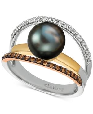 Le Vian Chocolatier Cultured Black Pearl (10mm) & Diamond (3/8 Ct. T.w.) Ring In 14k Gold, White Gold & Rose Gold