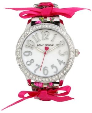 Betsey Johnson Women's Black & White Striped Faux Leather Floral Print And Ribbon Strap Watch 42mm Bj00131-77