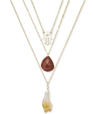 Gold-tone Hamsa And Stone Layer Pendant Necklace