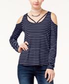 Planet Gold Juniors' Strap-detail Cold-shoulder Striped Top
