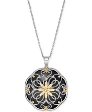 Onyx Filigree Floral Disc 18 Pendant Necklace In Sterling Silver & 14k Gold