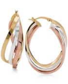 Tri-tone Twisted Hoop Earrings In Sterling Silver, 14k Gold-plate And 14k Rose Gold-plate