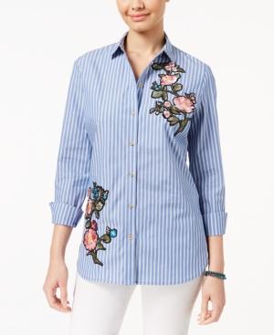Polly & Esther Juniors' Floral-embroidered Striped Shirt