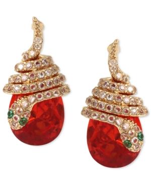 Betsey Johnson Gold-tone Pave Snake And Orange Stone Drop Earrings