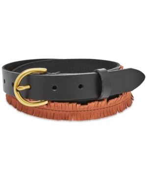 Fossil Leather & Suede Fringe Skinny Belt