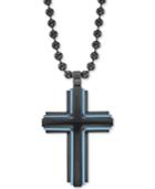 Men's Two-tone Beaded Cross 22 Pendant Necklace In Matte Black & Shiny Blue Ion-plated Stainless Steel