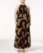 Msk Plus Size Metallic-print Pleated Blouson Halter Gown