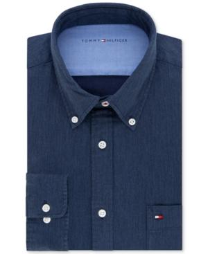 Tommy Hilfiger Men's Slim-fit Comfort Wash Untucked Blue Solid Dress Shirt