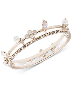 Marchesa Gold-tone Imitation Pearl & Stone Charm Two-row Bangle Bracelet