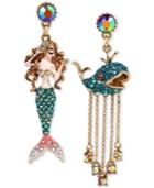 Betsey Johnson Gold-tone Crystal Pave Mermaid And Whale Mismatch Drop Earrings