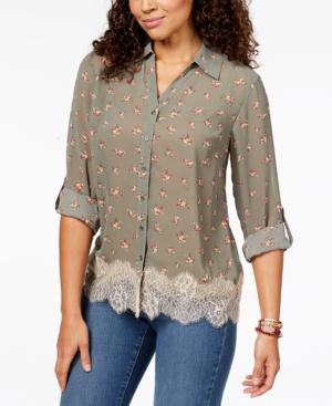 Style & Co Floral-print Lace-trimmed Shirt, Created For Macy's
