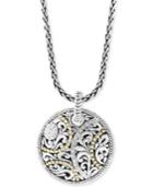 Effy Diamond Two-tone Filigree Disc Pendant Necklace (1/8 Ct. T.w.) In Sterling Silver & 18k Gold