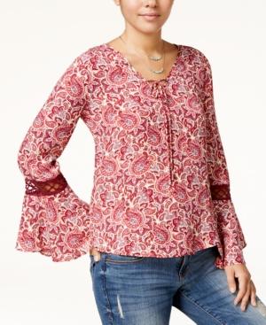 Hippie Rose Juniors' Printed Crochet Bell-sleeve Top