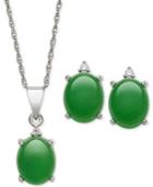 Dyed Jadeite (8 X 10mm) And Diamond Oval Pendant Necklace And Matching Stud Earrings Set In Sterling Silver